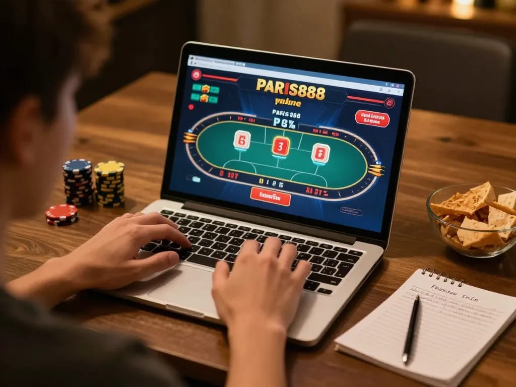 Experience Paris888 online gaming with engaging poker action on a laptop in a cozy, strategic setting.