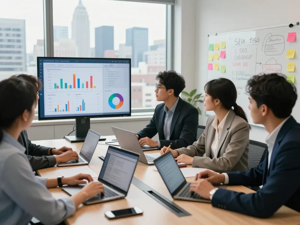 Dynamic scene of an NYC SEO Company team strategizing SEO analytics in a modern office with skyline views.