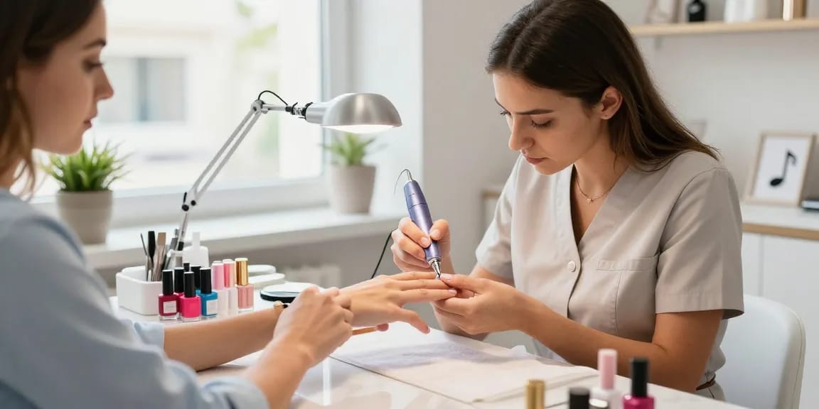Tehnician profesionist în unghii folosind freza unghii electrică pe manichiura unui client într-un salon luminos.