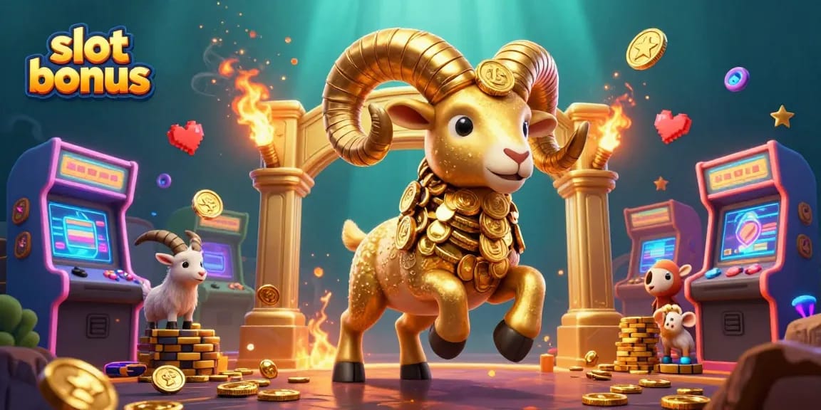 Experience the excitement of slot bonus games with a vibrant casino-themed illustration featuring golden elements and game machines.