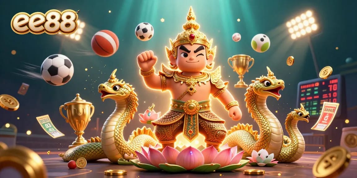 Experience thrilling betting action with ee88, featuring a vibrant 3D illustration of casino games and guardians.