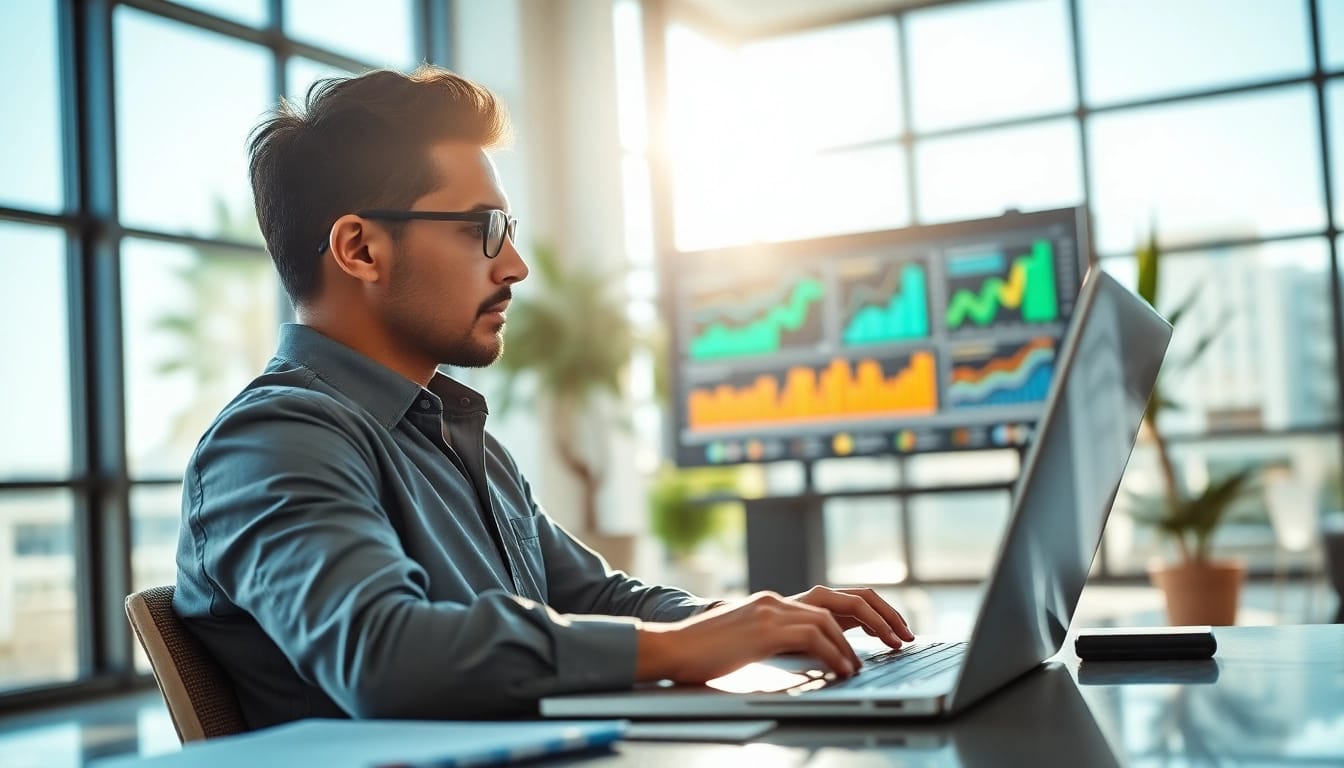 Engaged professional performing Clearwater FL SEO analysis in a modern workspace.