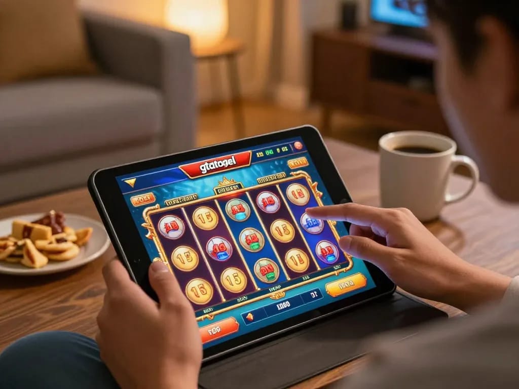 Experience gtatogel action on a cozy living room tablet, showcasing engaging slot games