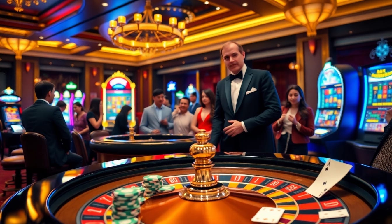 Spectators enjoy games at a lavish casino, showcasing situs deposit 5k slot machines and roulette tables.