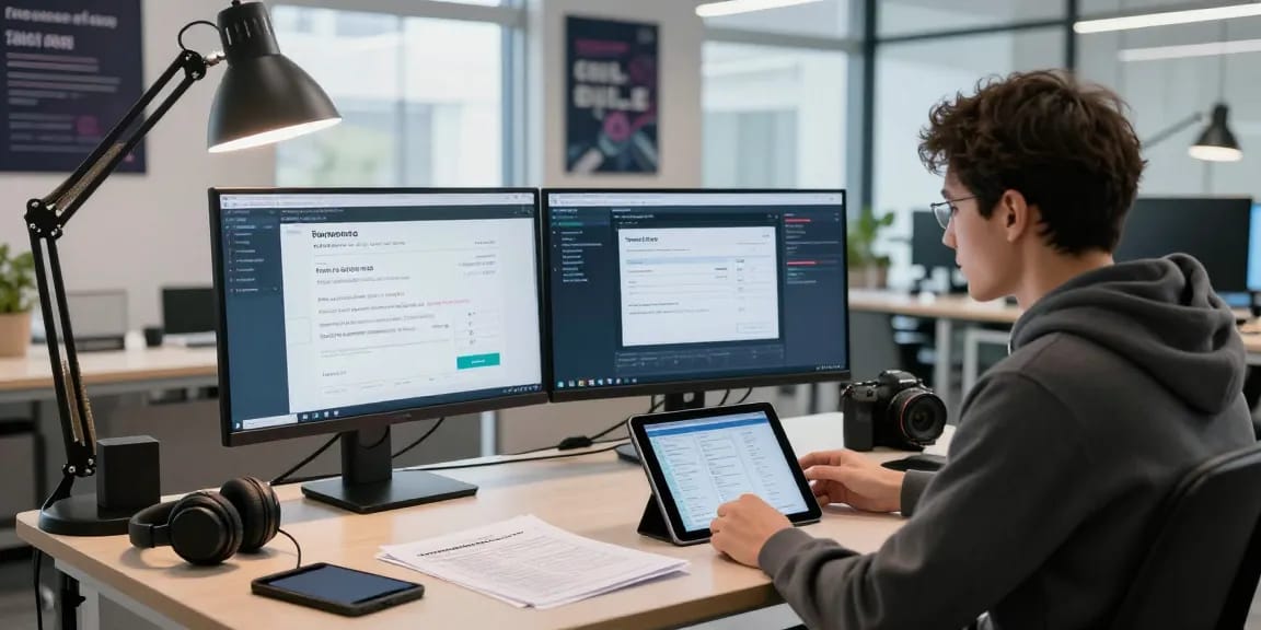 Analyst detects fake invoice using AI-powered software in a modern workspace.