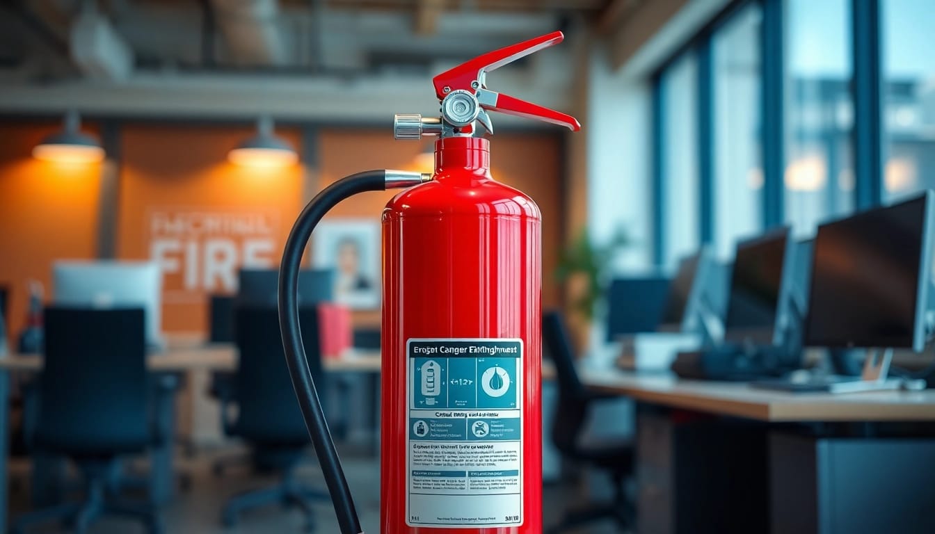 Identify an electrical fire extinguisher showcased in a contemporary office setting.