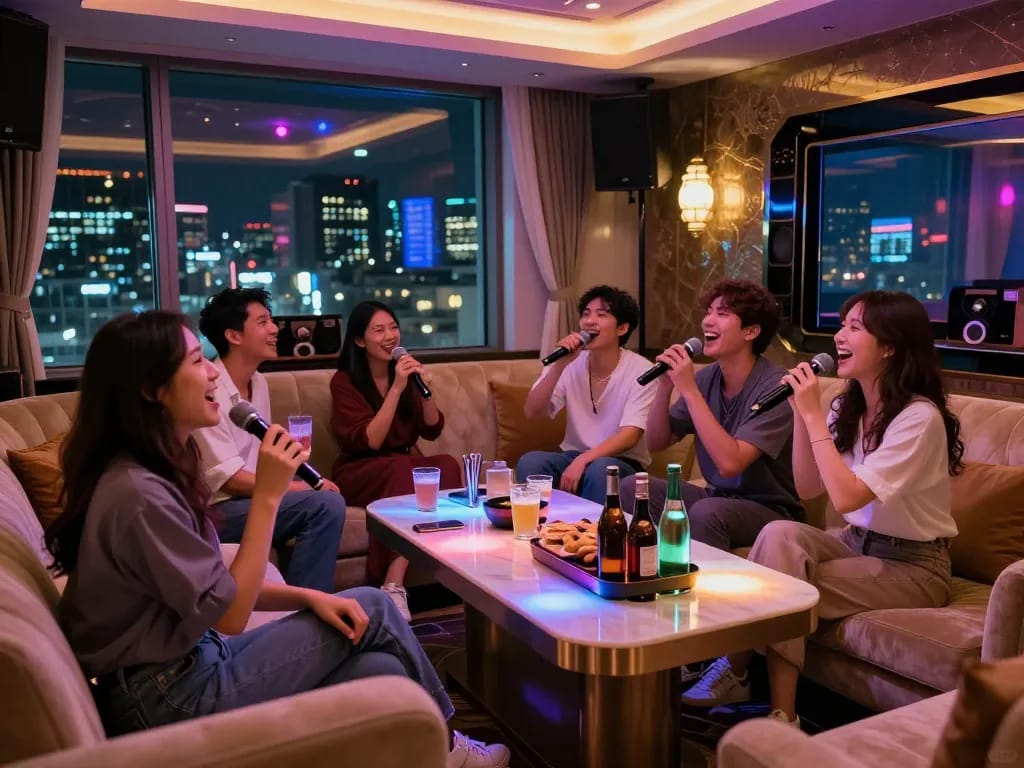 Experience vibrant nightlife at https://www.gangnamtune.com in a luxurious karaoke room filled with friends and drinks.