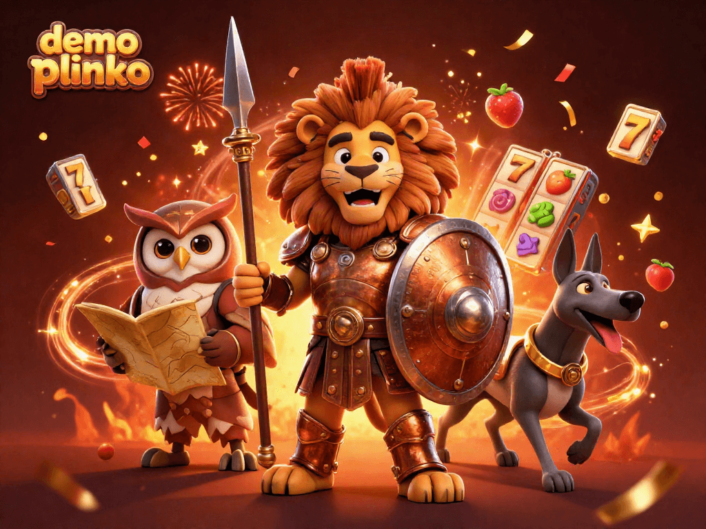 Engage with demo plinko through vibrant slot reels and charismatic characters in a dazzling scene.