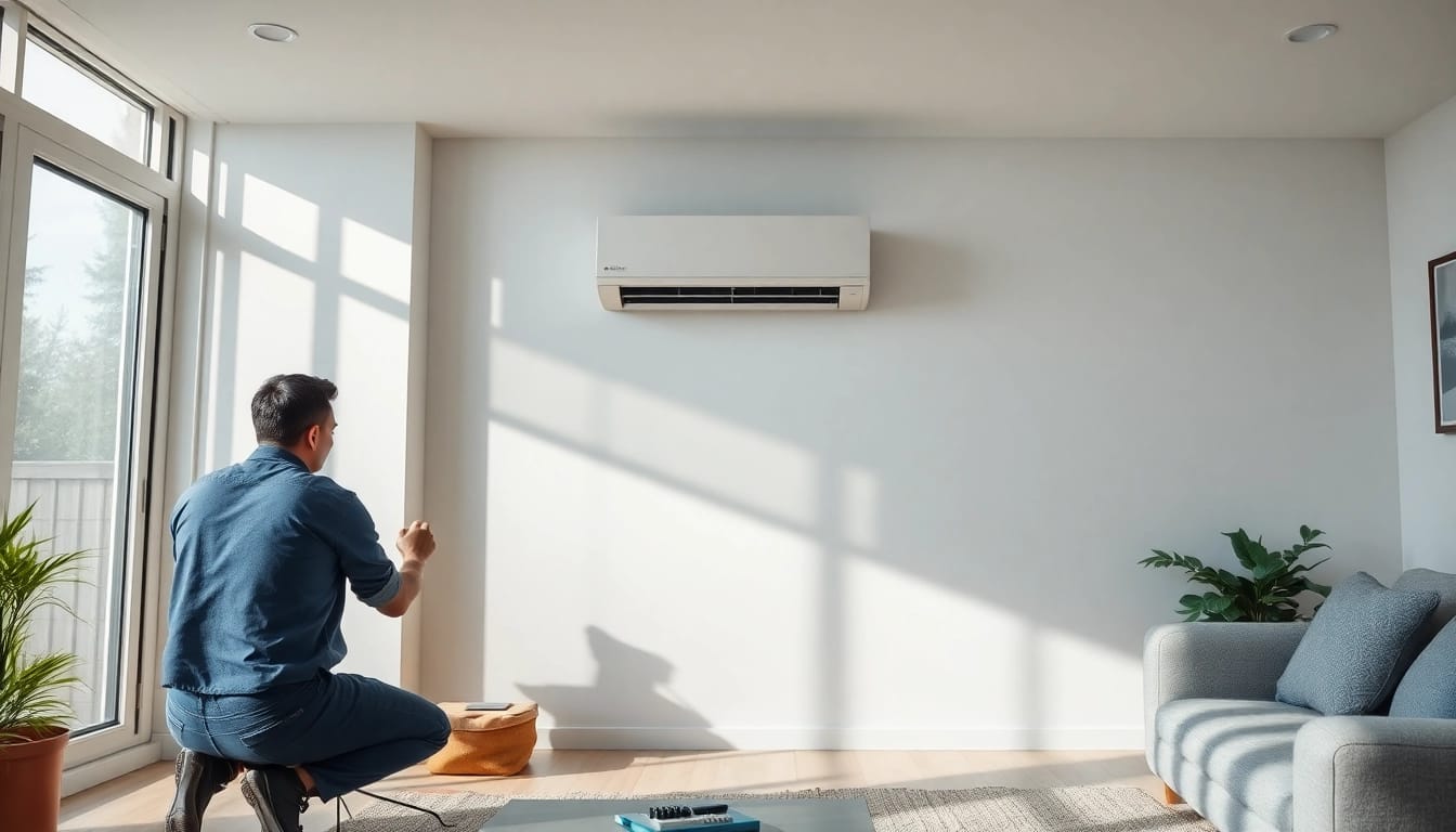 Technician installing Daikin mini split ac in a home setting, emphasizing quality and comfort.