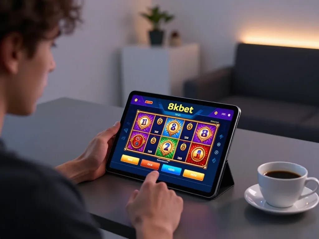 Engaged player exploring 8kbet casino app on tablet in modern gaming environment.