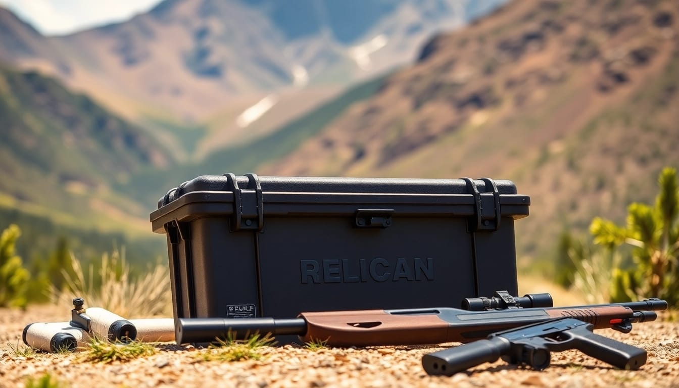 Showcasing a pelican rifle case in a rugged outdoor setting, emphasizing durability and secure design.