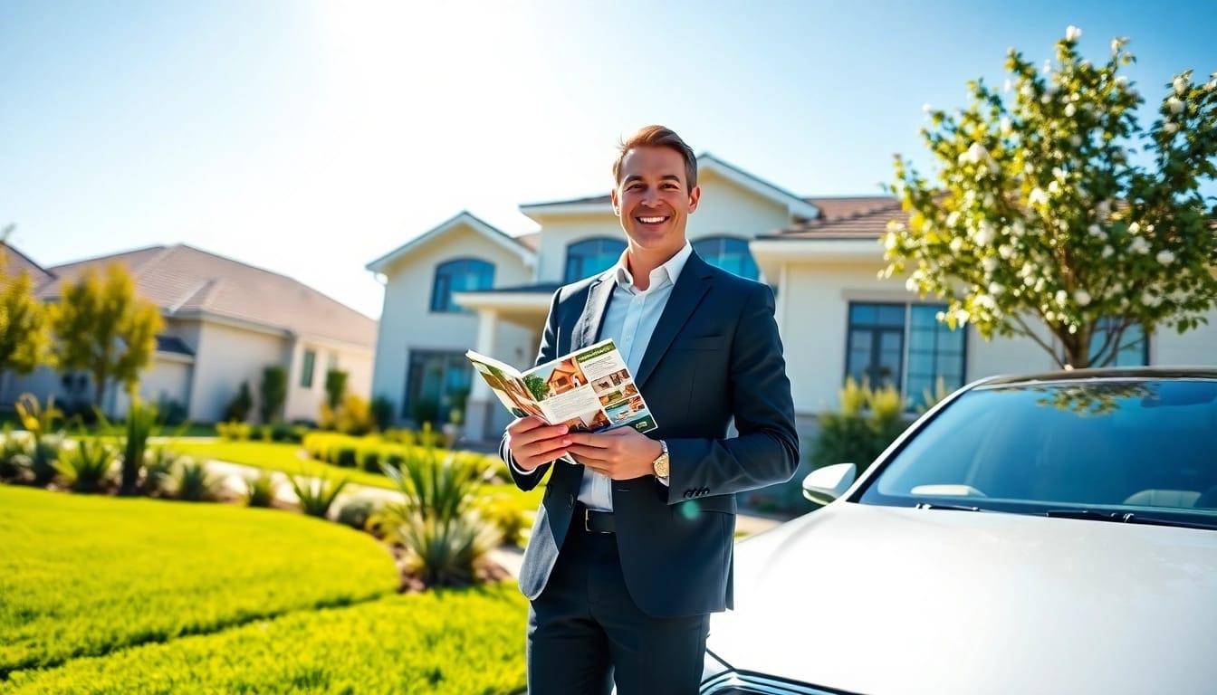 Real Estate agent engaging with potential buyers outside a modern home.