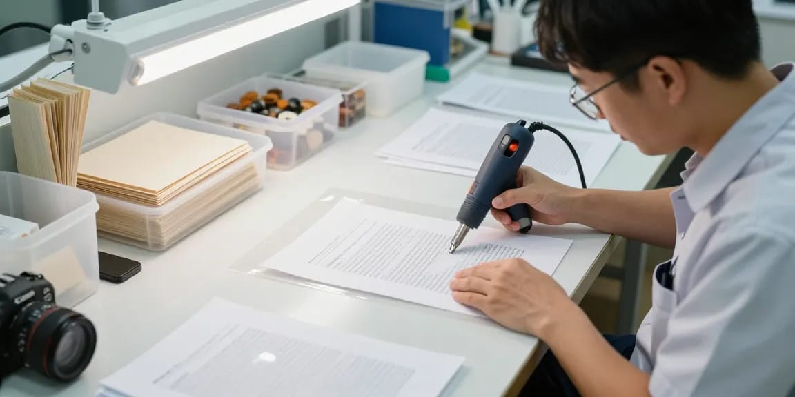 Bóc ép plastic chính xác tại Hà Nội với kỹ thuật viên lành nghề gỡ bỏ lớp phủ, giới thiệu khôi phục tài liệu.
