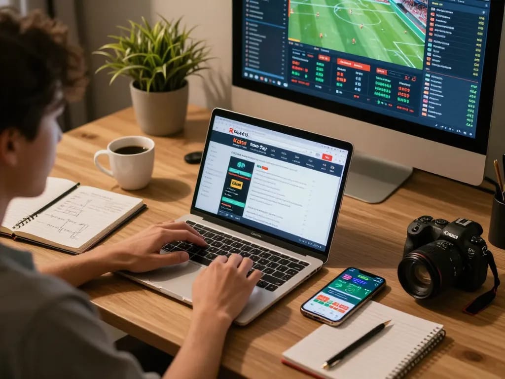 Kqbd hôm nay displayed on a laptop while a person reviews sports betting strategies in a stylish workspace.