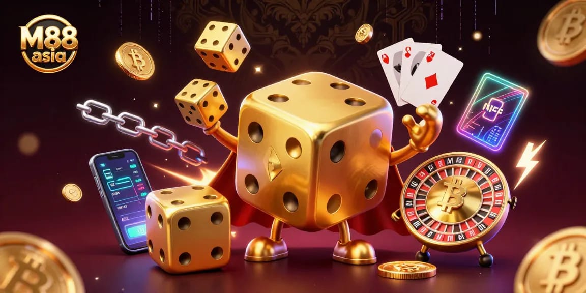 Experience M88 asia with dynamic 3D characters, golden dice and crypto coins illustrating top betting action.
