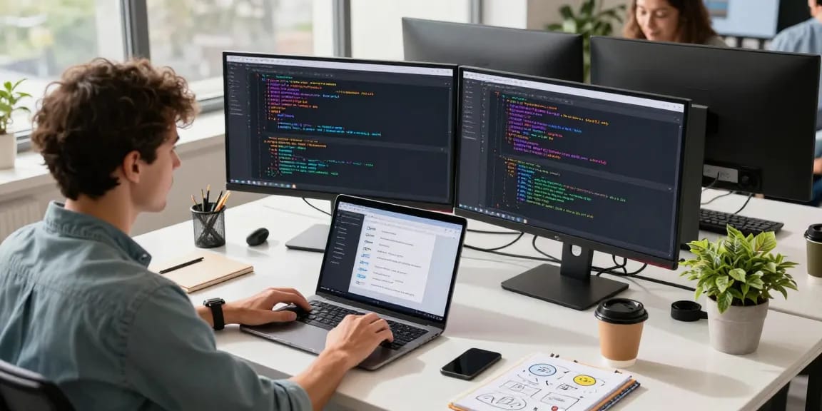 Integrating technology in the office for 纸飞机下载 with a developer coding on multiple screens in a modern workspace.