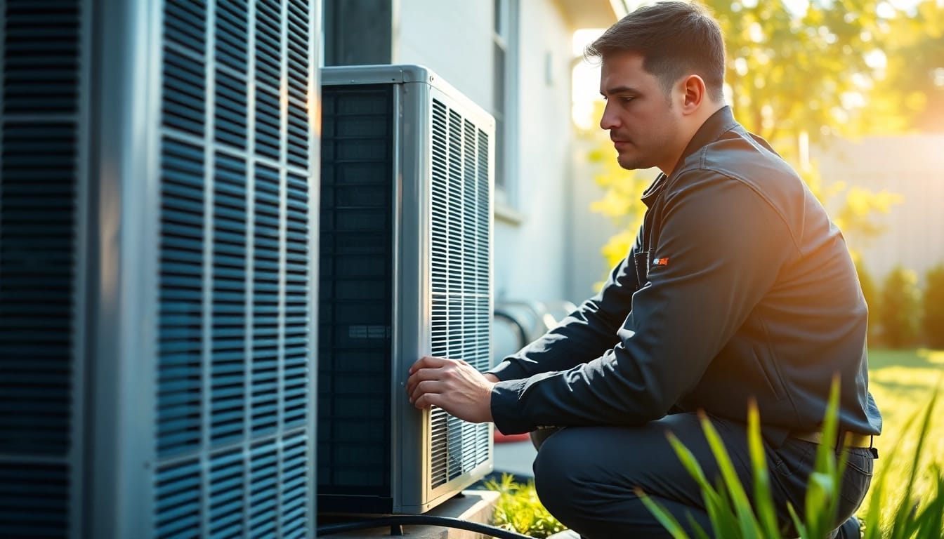 Expert HVAC Repair Tampa services, technician fixing air conditioning in a bright home setting.