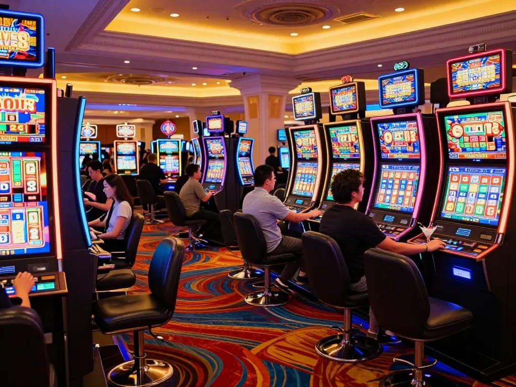 Players engaging with slot machines, vibrant casino atmosphere highlighting excitement and entertainment.