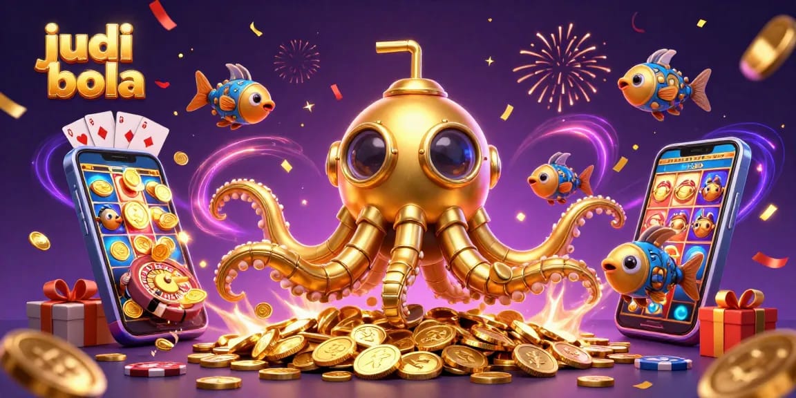 Experience thrilling judi bola action alongside a golden kraken submarine amidst gold coins and exciting game elements.