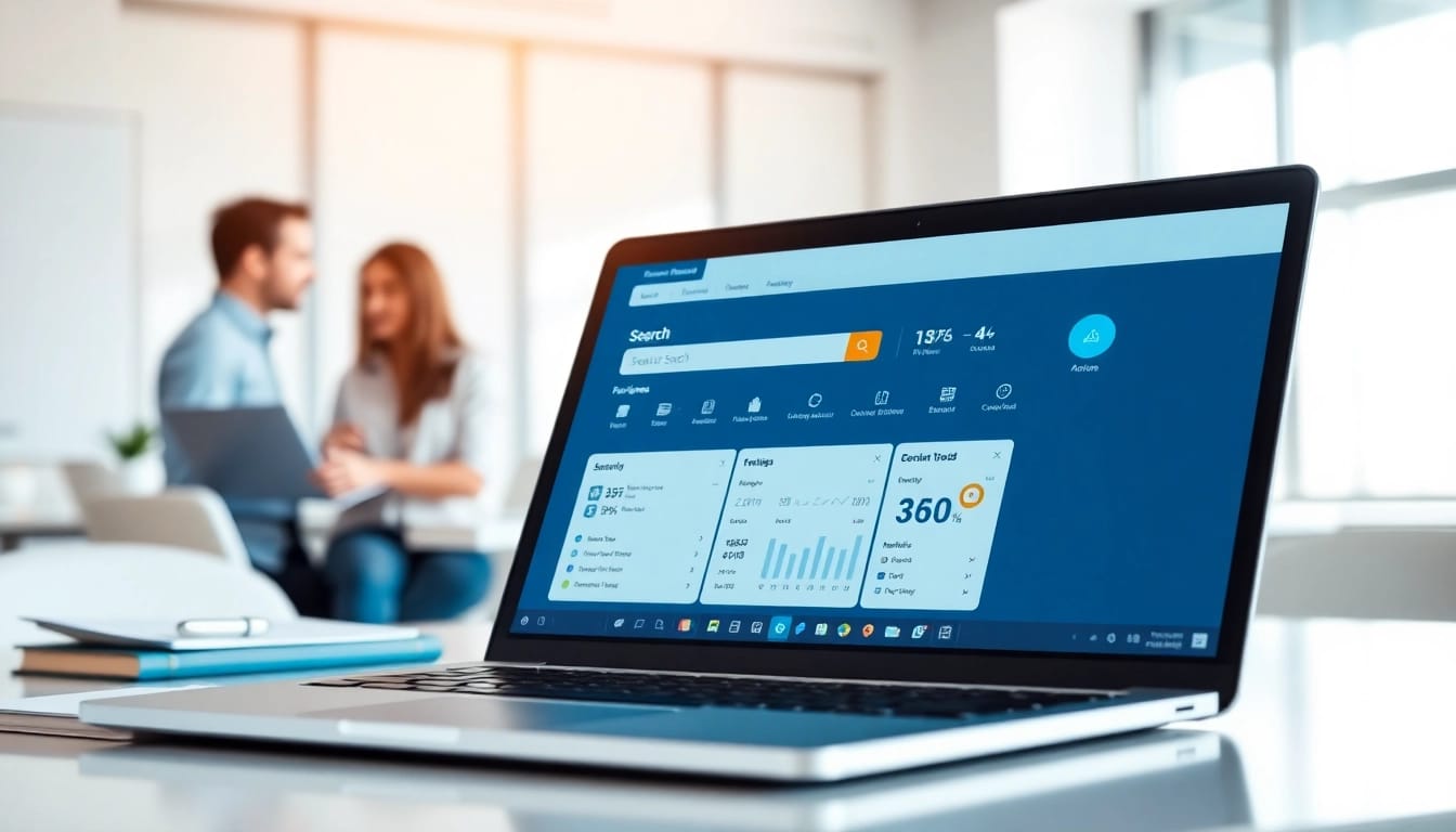 Showcase of enterprise search tools on a laptop screen highlighting advanced search features.