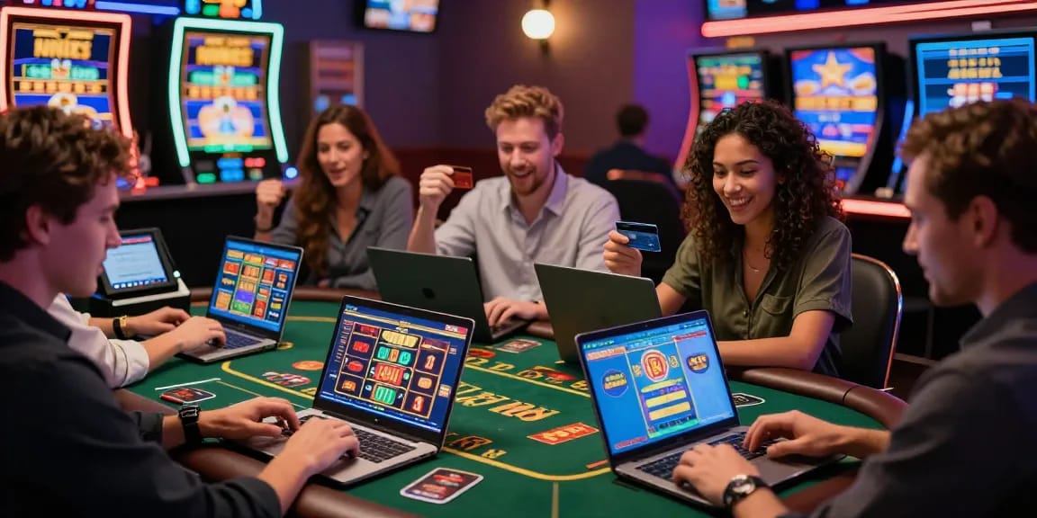 Players enjoying games at vibrant online casinos that accept credit cards, showcasing interactive gaming, colorful screens, and lively atmosphere.