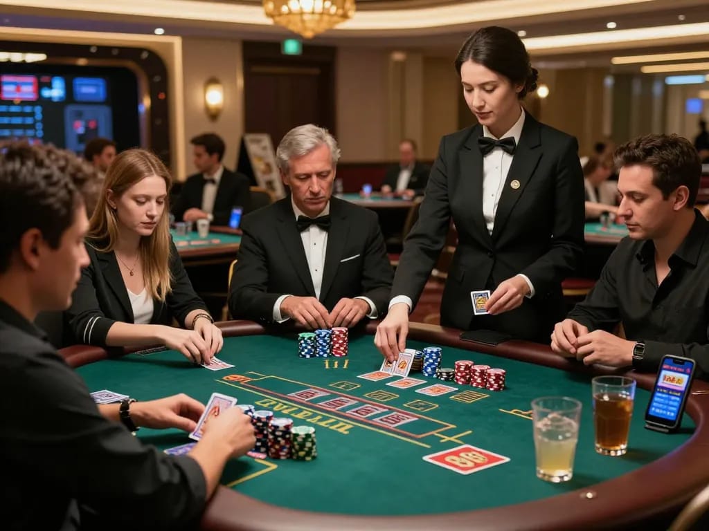 Players engaging with the hb88 casino app at a live blackjack table, showcasing an elegant atmosphere.