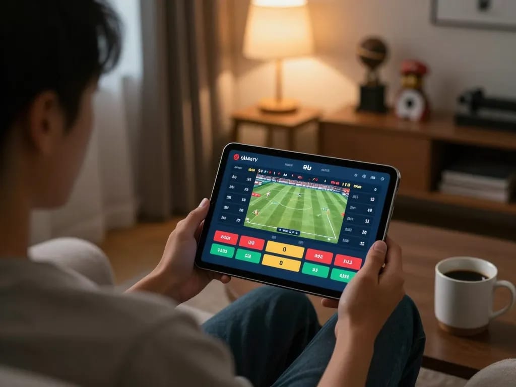 CàkhịaTV user engages in sports betting on tablet in cozy home setting, showcasing live odds and match interface.