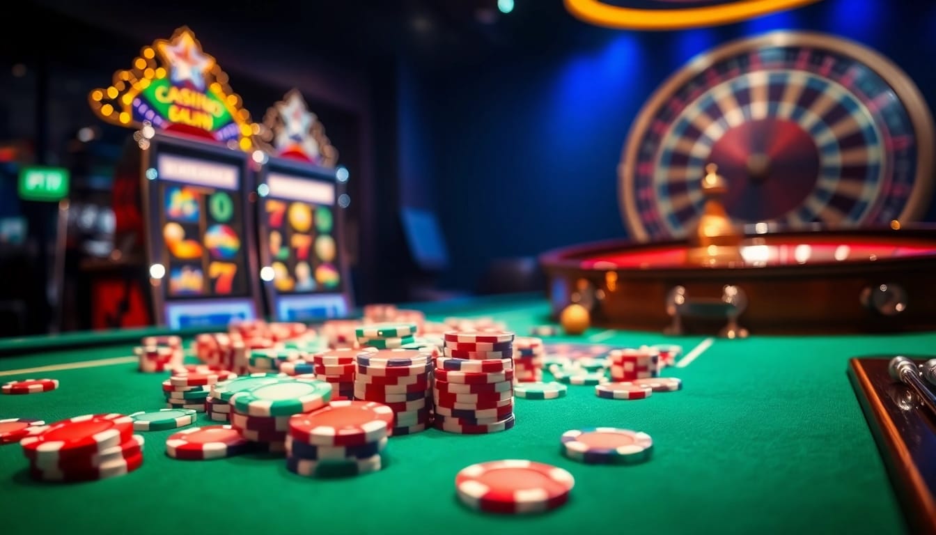 Une scène palpitante du meilleur casino en ligne avec des machines à sous vibrantes, des jetons de poker et une roulette.