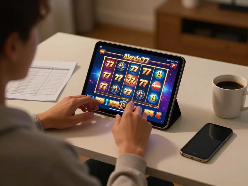 Engaging in alexis77 slot gameplay on a cozy tablet setup showcasing strategic bankroll management.