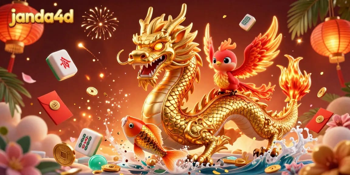 Experience the thrill of janda4d with a fierce dragon and glowing phoenix amidst casino magic.
