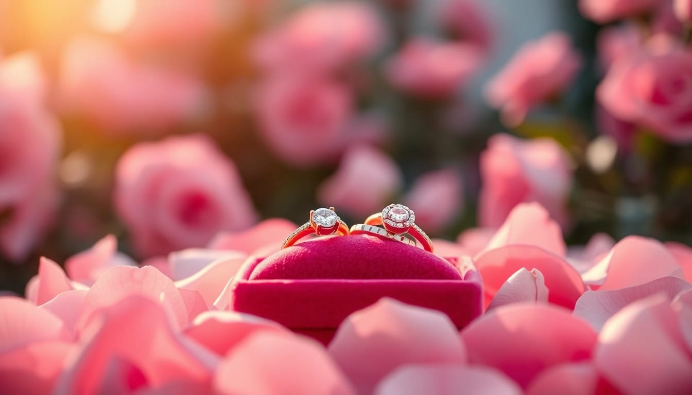 Admire stunning promise rings crafted with elegance, surrounded by delicate rose petals in soft lighting.