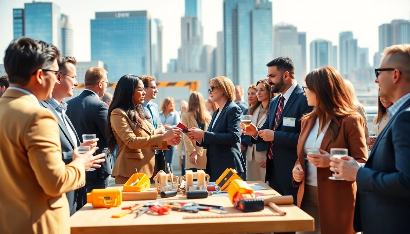 Networking at construction networking events showcasing professionals exchanging ideas in a vibrant setting.