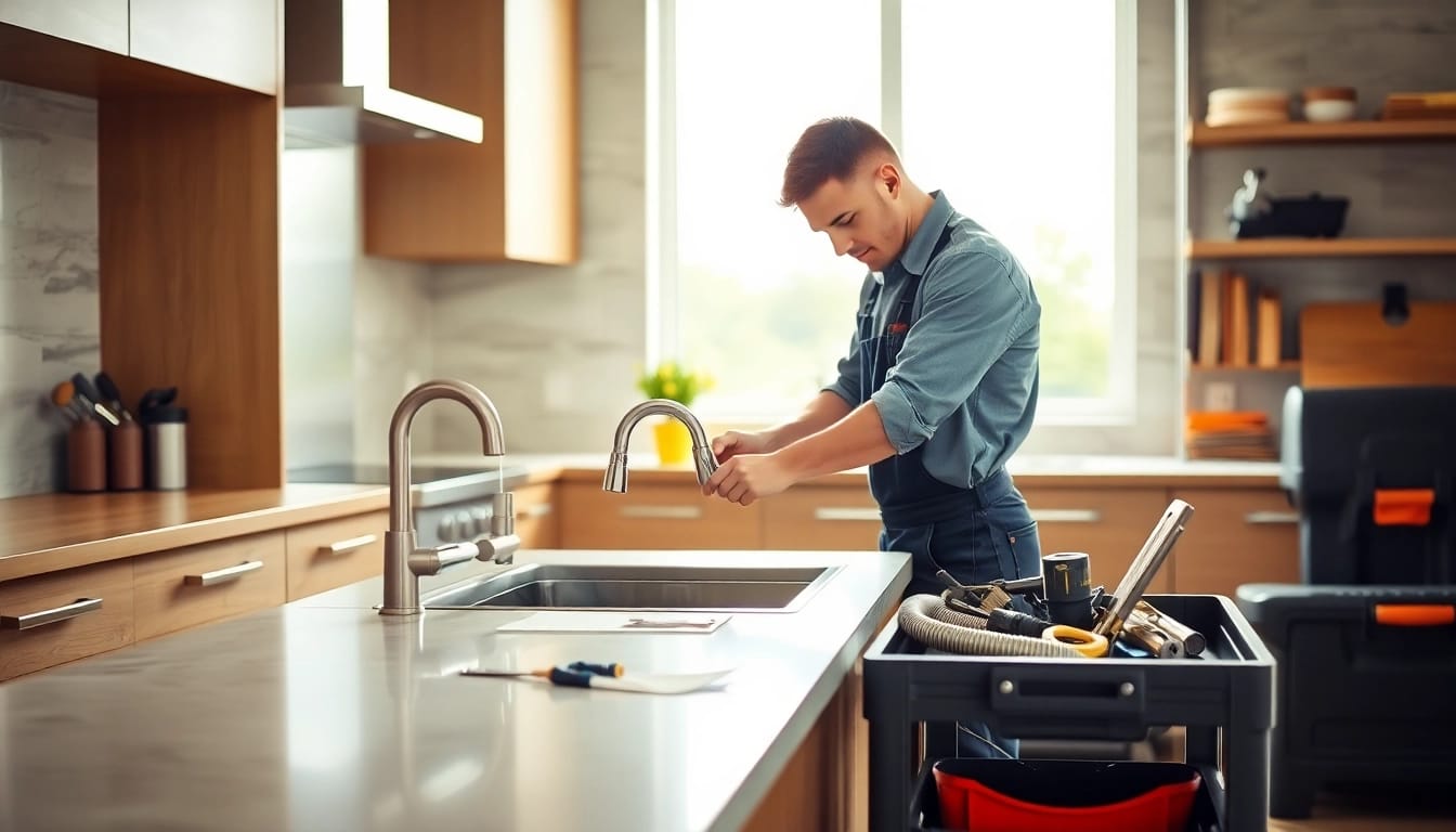 Skilled plumber near me repairing a kitchen sink with professional tools.