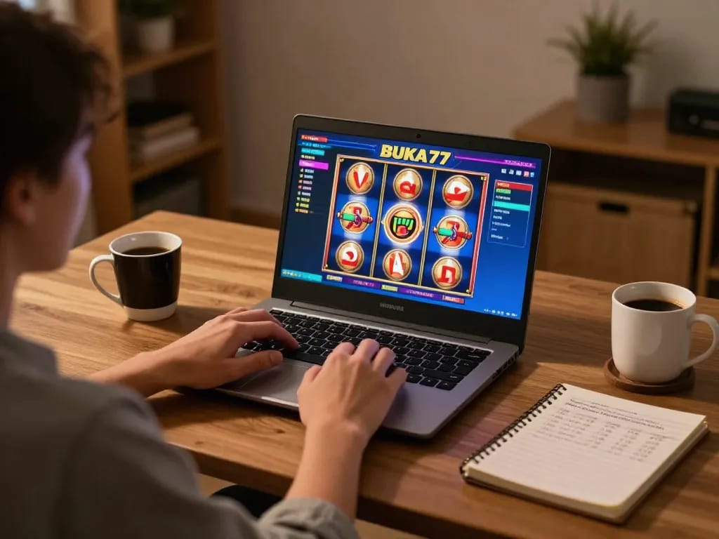 Engaging in BUKA77 online slots from the comfort of home with vibrant game interface.