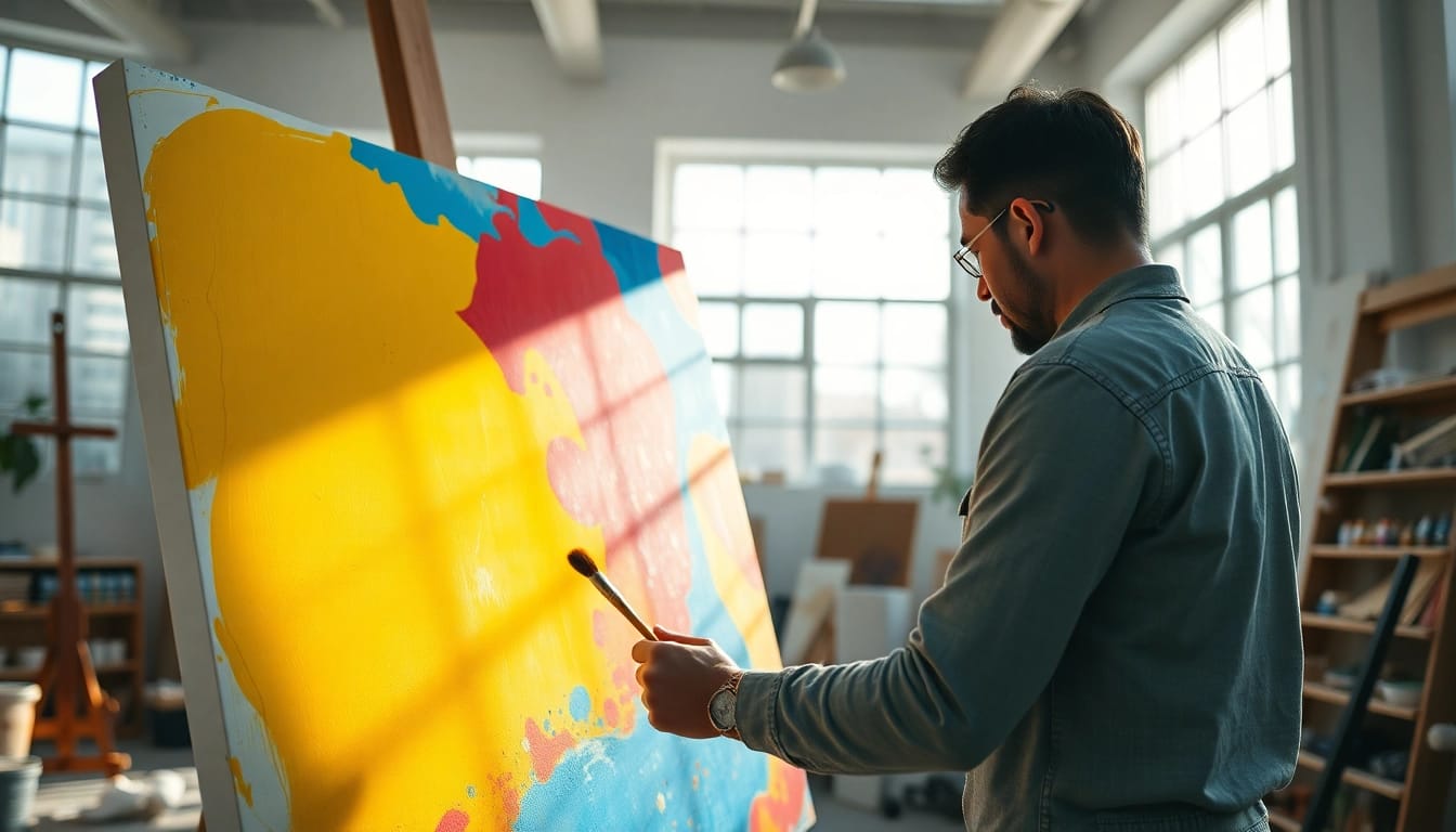 Canvas schilderende kunstenaar bezig met kunst in een luchtige studio
