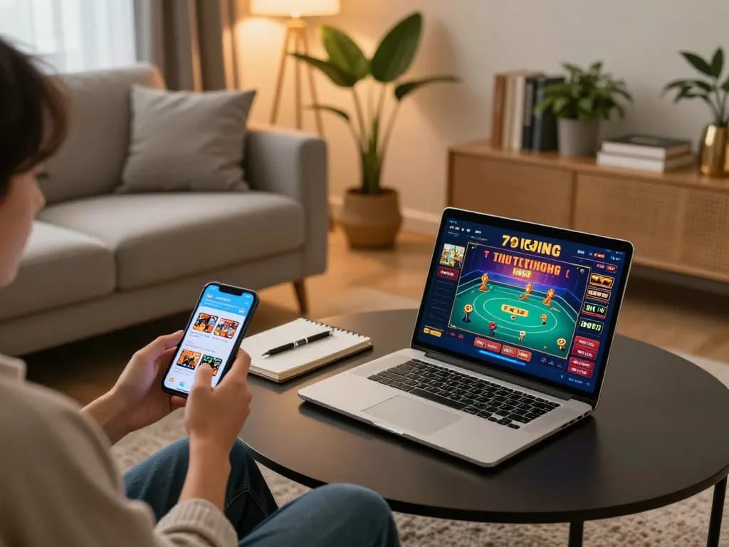 Engage with the Trang chủ 79king mới nhất as a player enjoys online gaming on their smartphone, surrounded by comfort and strategy.