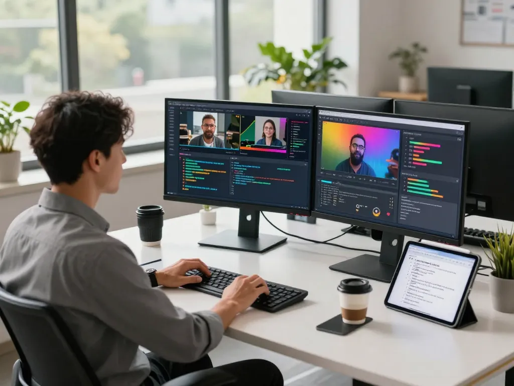 AI developer creating video to prompt ai analysis in a modern workspace.