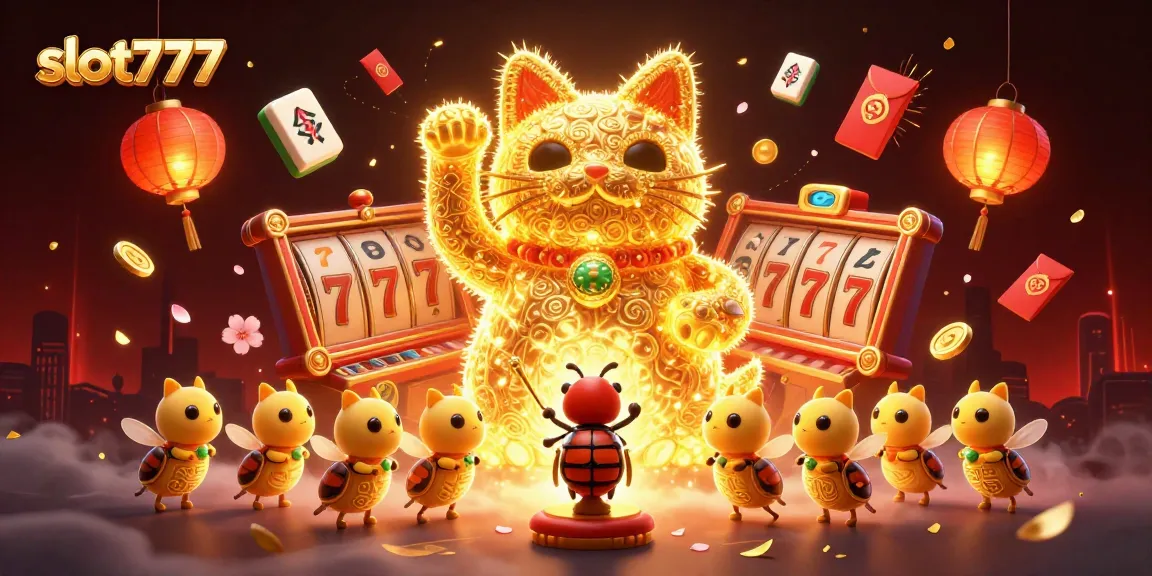 Experience excitement on slot777 with a vibrant scene of a lucky cat and casino symbols.