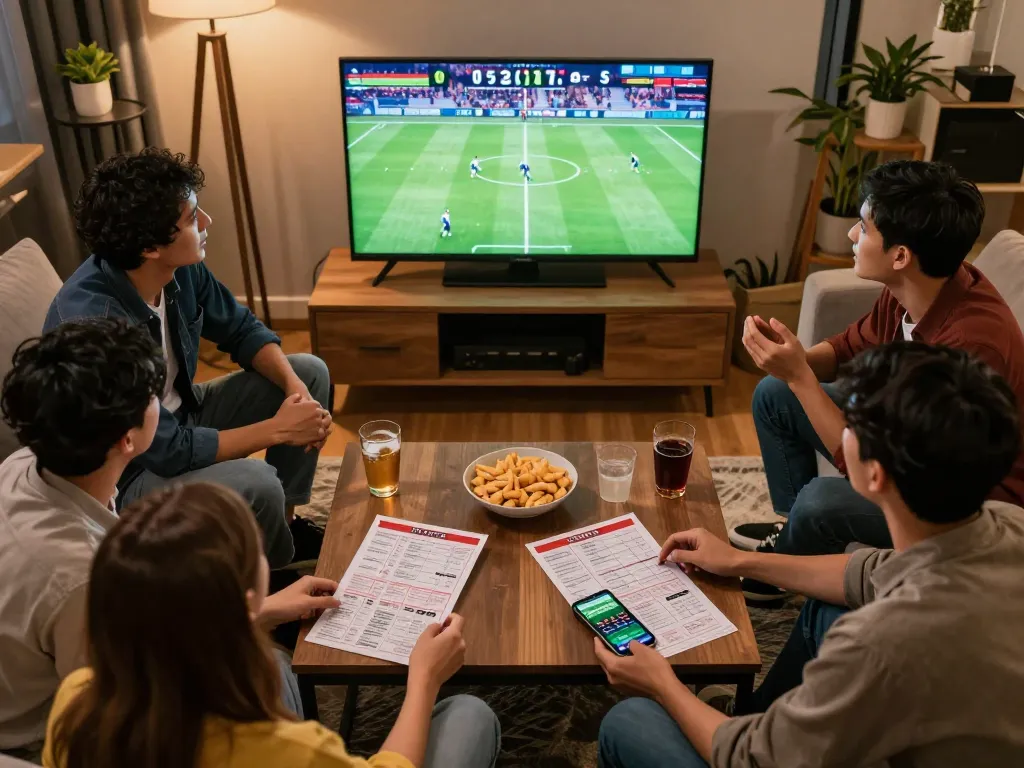 The G28 home sports betting scene with friends enjoying a match while checking betting slips.