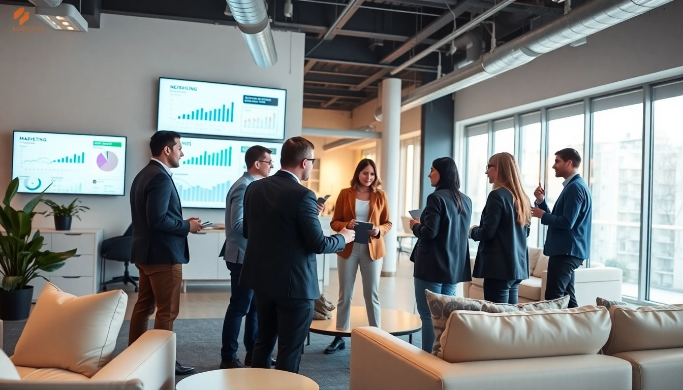 Engaged team strategizing at an agencia hubspot, highlighting analytics and growth.