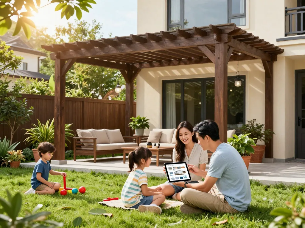 Explore a custom pergola configurator while family enjoys backyard space.