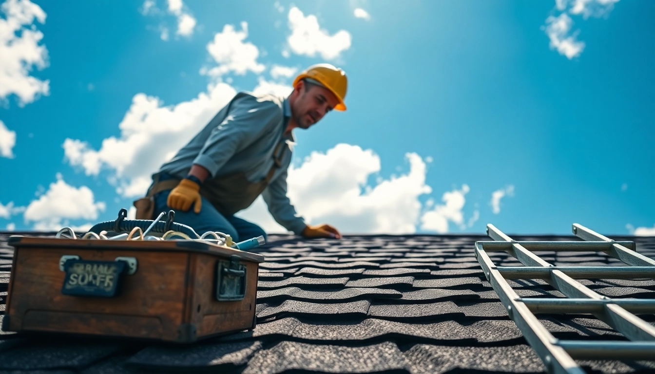 Contractor performing roof repair on a weathered rooftop with tools at hand.