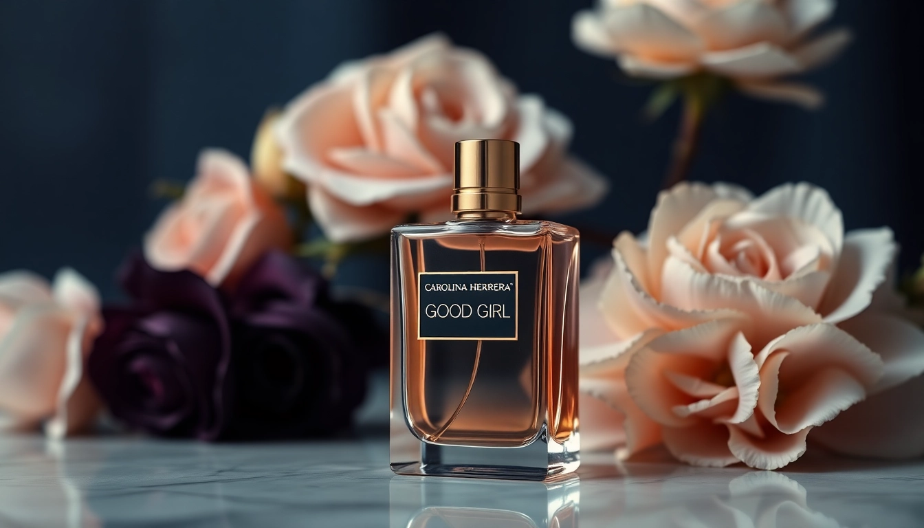 Showcase Carolina Herrera Good Girl perfume bottle surrounded by soft florals, embodying luxury and elegance.