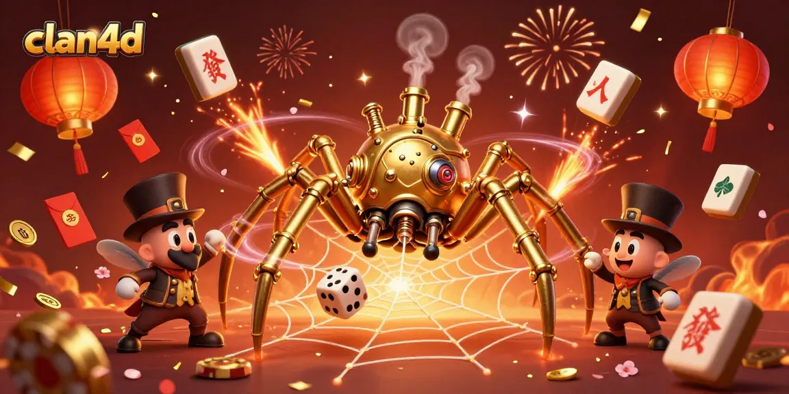 Engage with clan4d as a steampunk spider weaves golden chains amidst a vibrant casino backdrop.