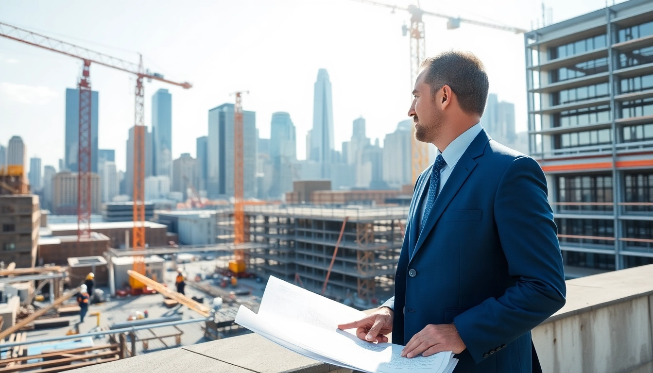 Manhattan Construction Manager supervising a dynamic construction site with urban backdrop.