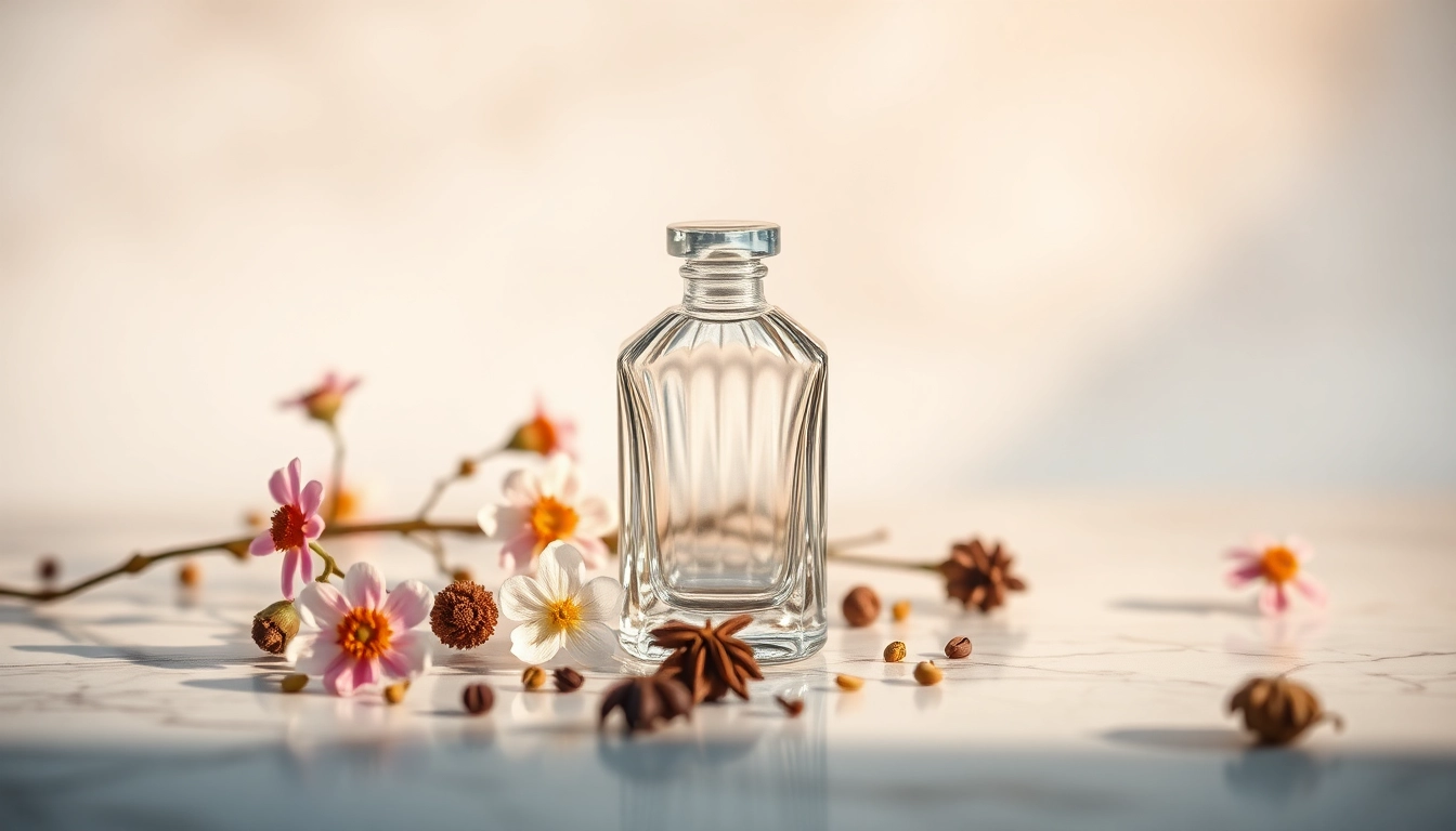 What is extrait de parfum displayed in an elegant setting with soft lighting and floral accents.