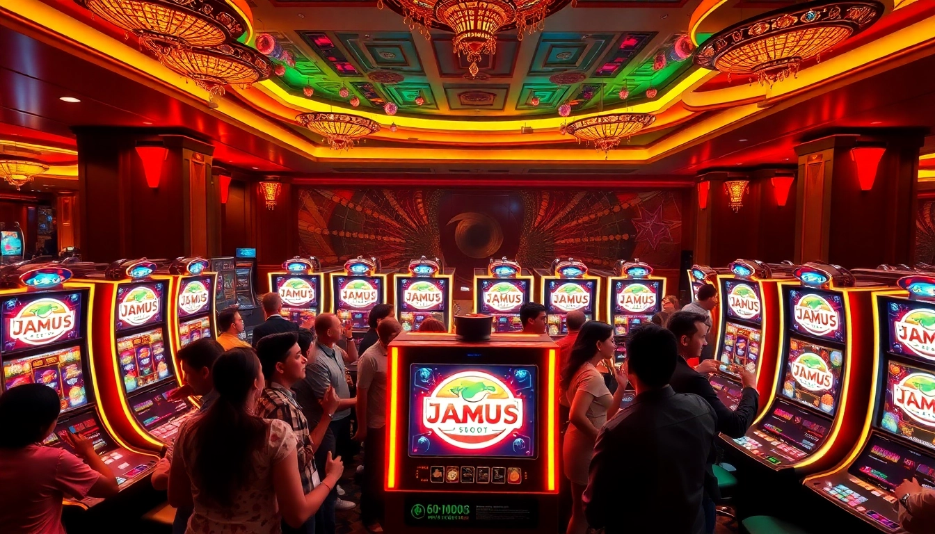 Players celebrate big wins at JAMUslot's vibrant slot machines in a luxurious casino environment.