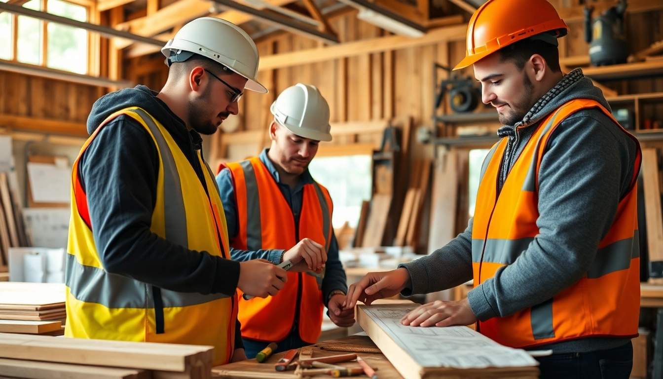 Engaged apprentices in a construction apprenticeship, measuring materials in a workshop setting.