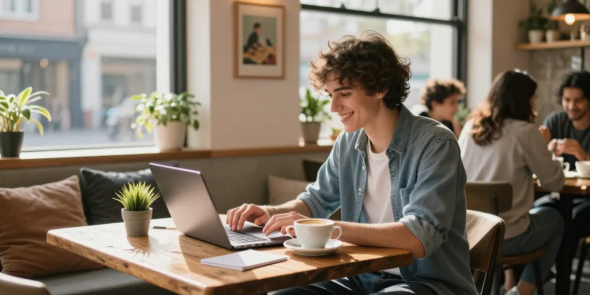 A person with a crush on someone enjoying coffee while working in a bright urban café.