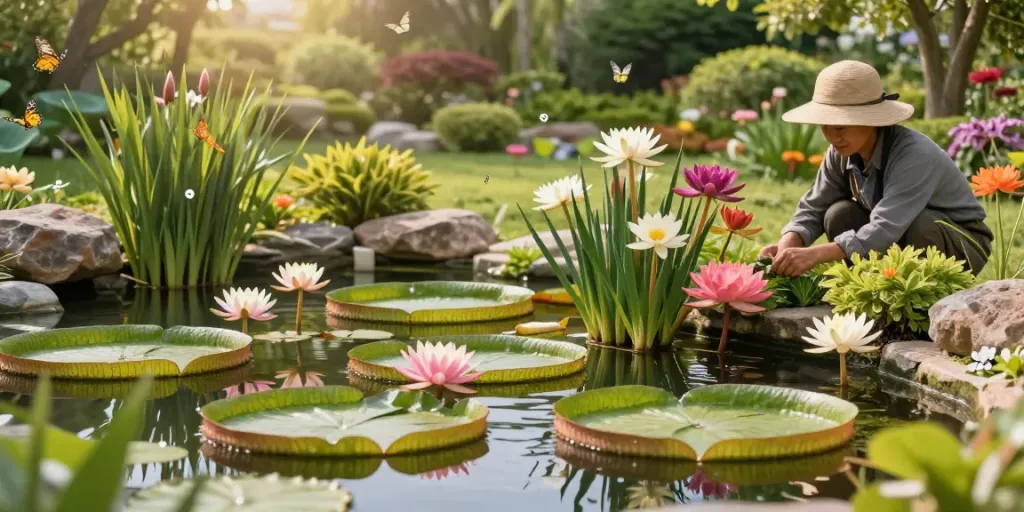 Pond Plants flourishing in a serene garden pond with water lilies and lotus.